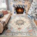 RELEANY Area Rugs 8'x10' Washable Non-Slip, Floral Vintage Distress Print Pattern Medallion Carpet for Living Room Bedroom Dining Room, Beige Navy Blue Orange Colorful