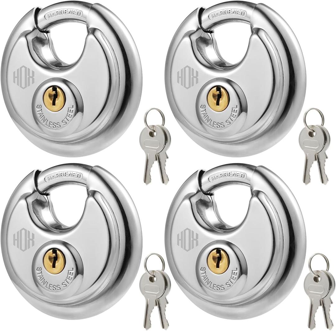 HOX Keyed Disc Padlock, Stainless Steel Keyed-Alike Padlocks, 4-Pack Heavy Duty Locks, Waterproof Outdoors Lock with 3/8 Inch Shackle, 2-3/4 Inch Wide Body, for Hasp Latch, Fences, Storage Locker