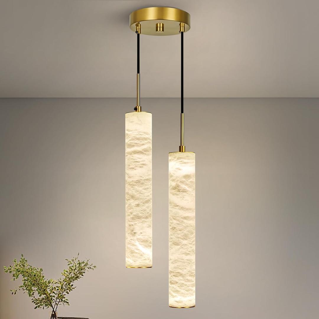 LMQNINE Natural Alabaster Pendant Lights for Kitchen Island White Marble Long Tube Chandelier 4000K Modern Gold Ceiling Light Fixtures for Bedroom Dining Room Table Living Room Hallway(M-2Light)