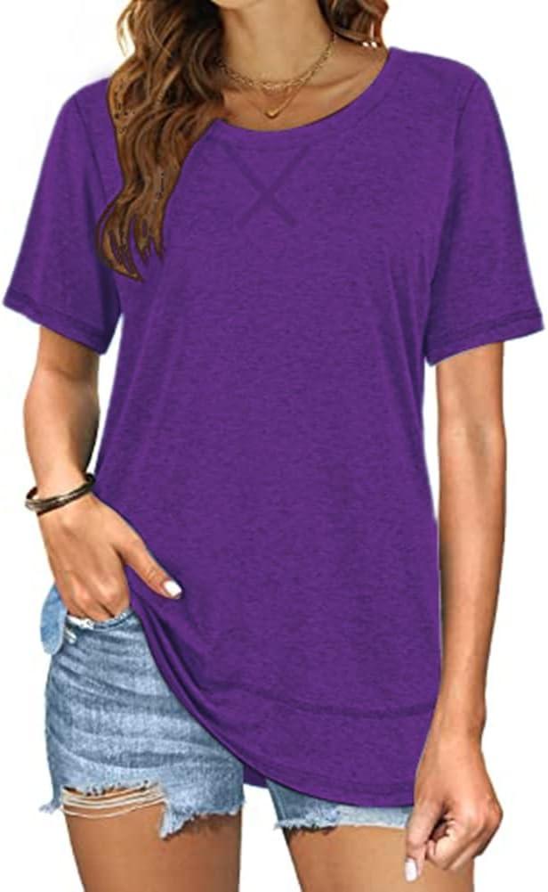 Beimuc Summer Tops for Women Short Sleeve Crewneck Tshirts Side Split Loose Fit Tunic Shirts (Purple, S)