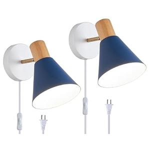 Vechoicy Plug in Wall Sconces Lighting Fixture Pack of 2, Wooden Adjustable Bedside Wall lamp for Industrial Bedroom, Living Room Bathroom Sink Lighting (2, Blue)