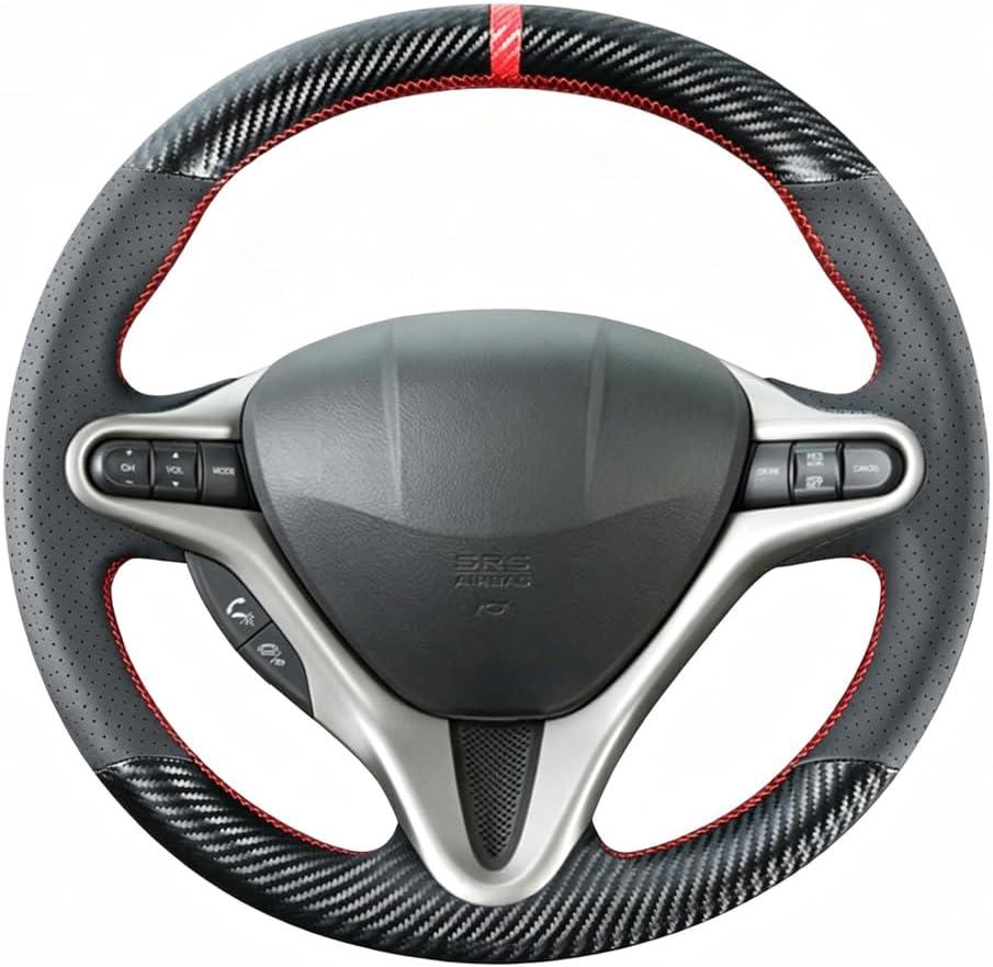 Kivnto DIY Stitching Carbon Fiber Steering Wheel Cover for Honda Civic 8th Generation 2006 2007 2008 2009 2010 2011 3 Spokes 13.5-14.5 inches Leather Interior Accessories