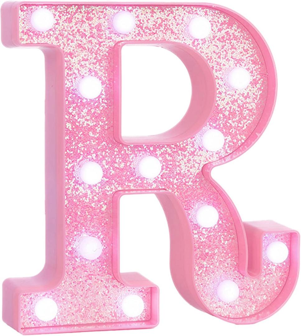 Pink Marquee Light Up Letters, Glitter Alphabet LED Letter Lights for Pink Birthday Party Decorations, Battery Operated Letter Sign for Girls Room Vanity Table Decor, Cool White Lights Letter R