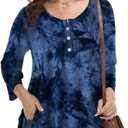 MONNURO Womens Plus Size Henley Shirts Button Up V Neck Pleated Tunic Tops Casual Blouse 3/4 Sleeve (Blue, XXXL)