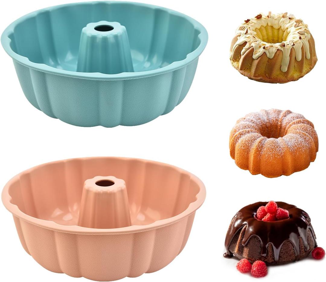 2 Pack Silicone Bundt Cake Pan Nonstick,10 Inch, Silicone Cake Molds,Pound Cake Pan, Baking Pan for Jello,Gelatin,Cake,Brownie and BreadPink+Blue