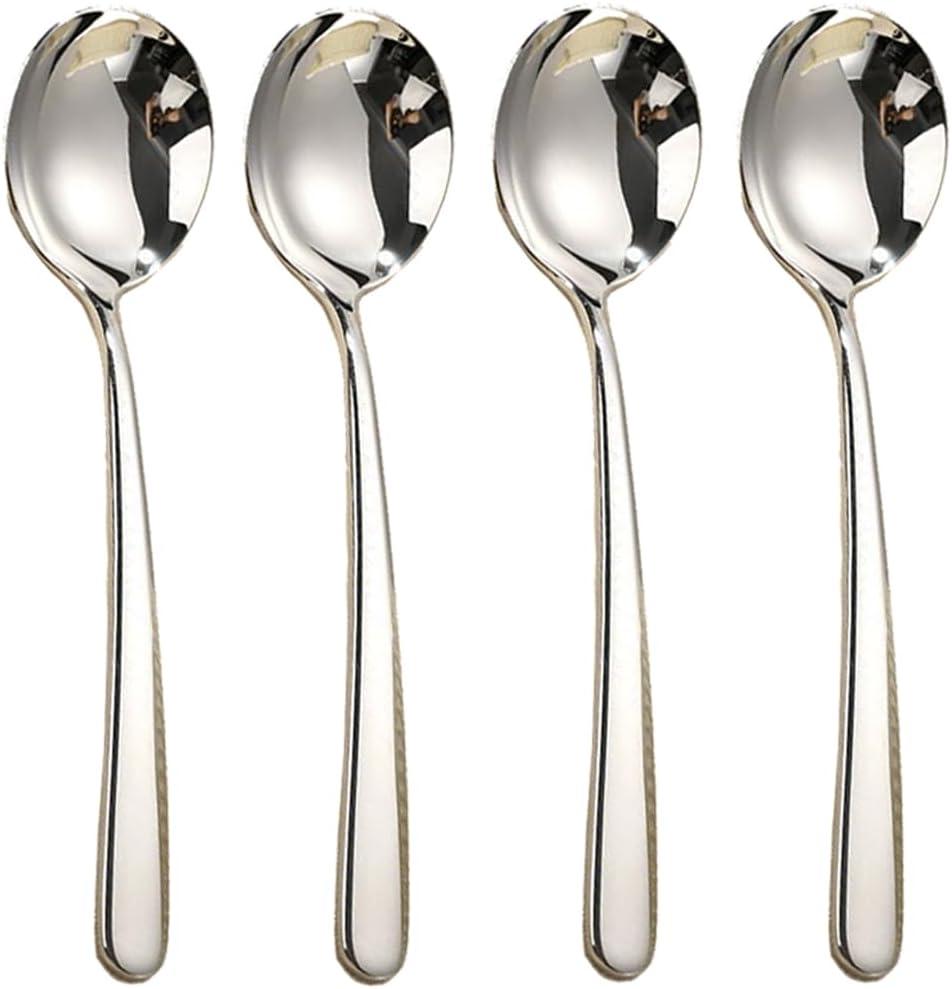 Large Round Soup Spoons Set,Set of 4 Premium 18/10 Stainless Steel Spoons with Long Handles,7.8 Inch Elegance Tablespoon,Dishwasher Safe,Fine Mirror Polished (Silver)