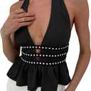MakeMeChic Women's Metal Halter Tops Open Back Ruffle Hem Sleeveless Tank Clubwear (Medium, Black)