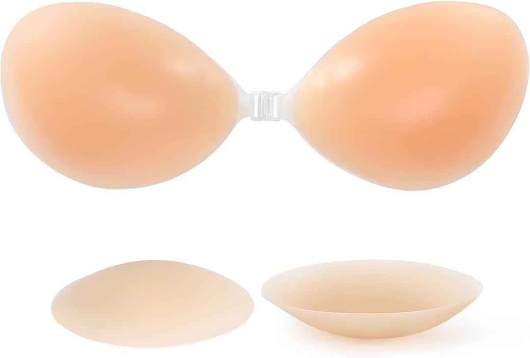 RELIRELIA Women's Sticky Self Adhesive Invisible Strapless Reusable Silicone Push Up Backless Bra, Nude, 30-40B