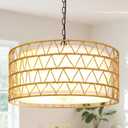 20" Rattan Chandelier Farmhouse Light Fixtures, 5-Light Boho Chandeliers for Dining Room, Fabric Lamp Shade for Living Room, Bedroom, Hallway Rattan Pendant Light Fixture, E26
