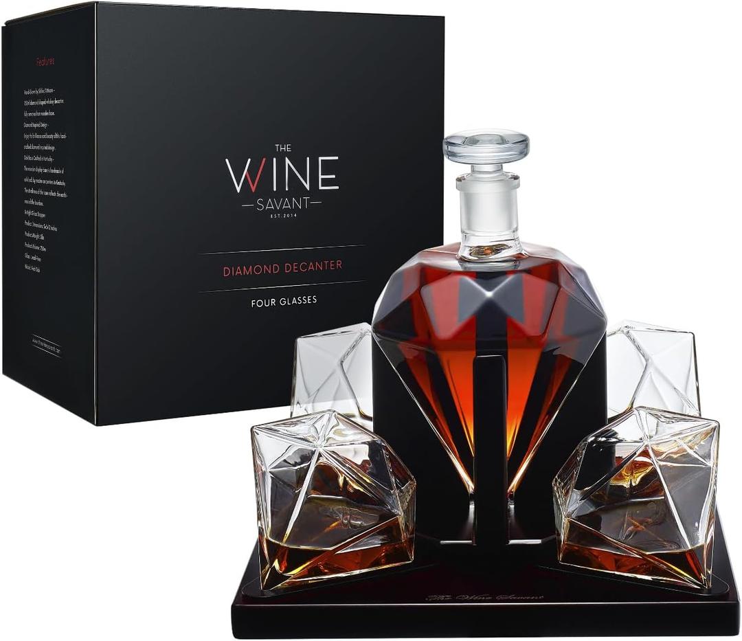 The Wine Savant Diamond Whiskey Decanter Set with 4 Glasses and Mahogany Base Borosilicate Glass Dispenser - 750ml Clear