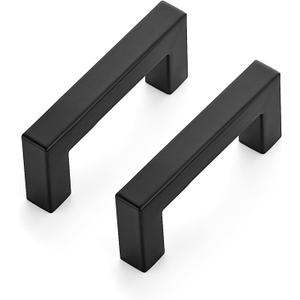 5 Pack Matte Black Cabinet Pulls, 3 Inch (76 mm) Hole Center Cabinet Handles, Square Kitchen Hardware for Doors, Drawers & Cupboards, Black Stainless Steel, 3.5 Inch Overall Length