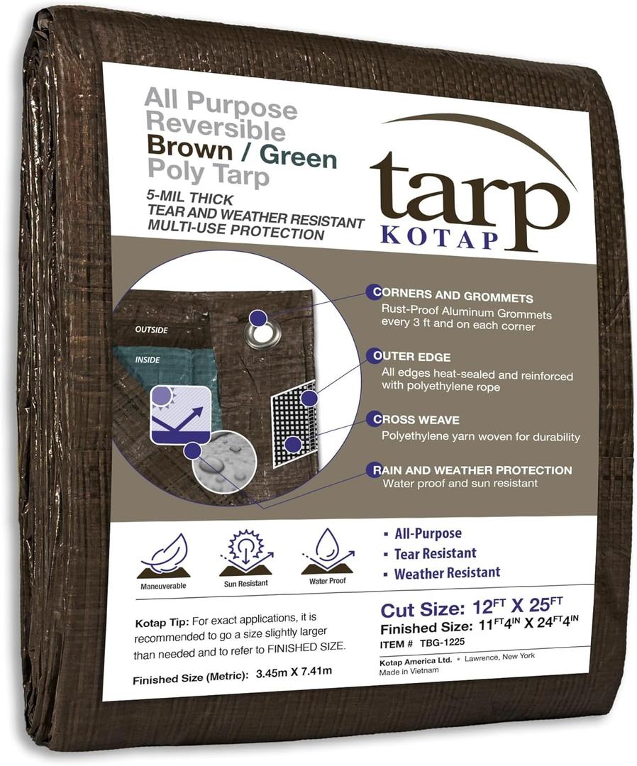 Kotap 12 x 25 Ft. All-Purpose Multi-Use Protection/Coverage 5-mil Poly Tarp, Reversible, Waterproof, Brown/Green, (TBG-1225)