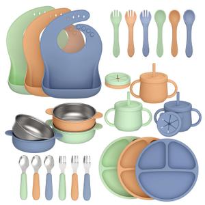 27 Pack Silicone Baby Feeding Set, Hepotk BPA-Free Food Grade Baby Feeding Essentials Utensils, Second Stage Baby Food Eating Utensils, Set of 3 babies (Brown, Blue, Green)