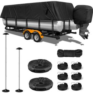 1200D Pontoon Boat Cover with Support Poles 2 Pack, Heavy Duty Pontoon Boat Cover, 17-20 ft Boat Cover for Pontoon with Motor Cover, Adjustable 14 Tie Down Straps, Black