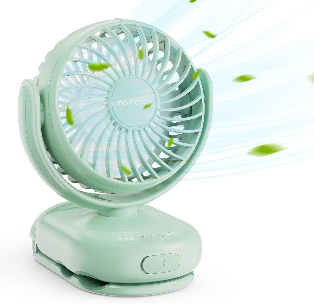 Momcozy Portable Stroller Fan with Clip | 4-Speed Mini-Fan for Carrier | Personal Fans Ultra Light 0.26lb | Gaps 4.5mm | Handheld Cooling | Rechargeable Rotate for Diaper Backpack/Table
