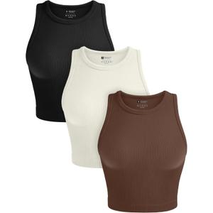 OLCHEE Womens 3 Pack Crop Tank Tops Basic Seamless Ribbed Round High Neck Racerback Workout Top Summer Causal Yoga Gym Shirts (Medium, Black + Brown + Beige)