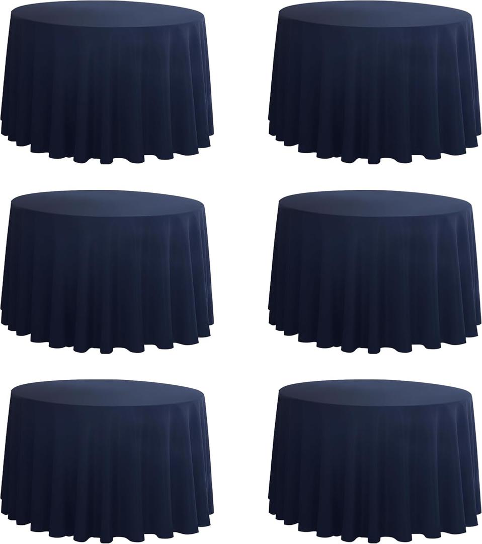6-Pack Round 108-inch Navy Blue Table Cloths, Solid Stain and Wrinkle Resistant Circular Tablecloth, Premium Plain Weave Polyester Fabric Table Linen Covers for Hotel, Banquet