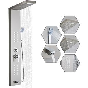 Shower Panel Tower System 5-in-1 Shower Panel Tower with Powerful Body Massage, Rainfall, Waterfall,Handheld and Tub Spout, Stainless Steel Shower Column - Brushed Gray