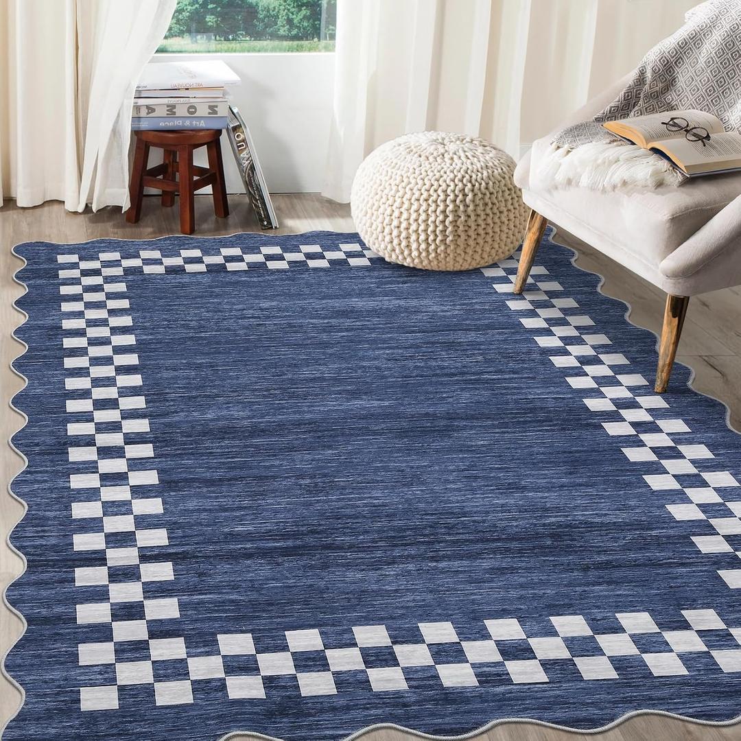 GarveeHome 4x6 Area Rug Small Washable Living Room Rug Scalloped Rug with Rubber Backing Stain Resistant Low Pile Dining Room Throw Carpet Modern Bordered Mat for Bedroom Kitchen, Blue