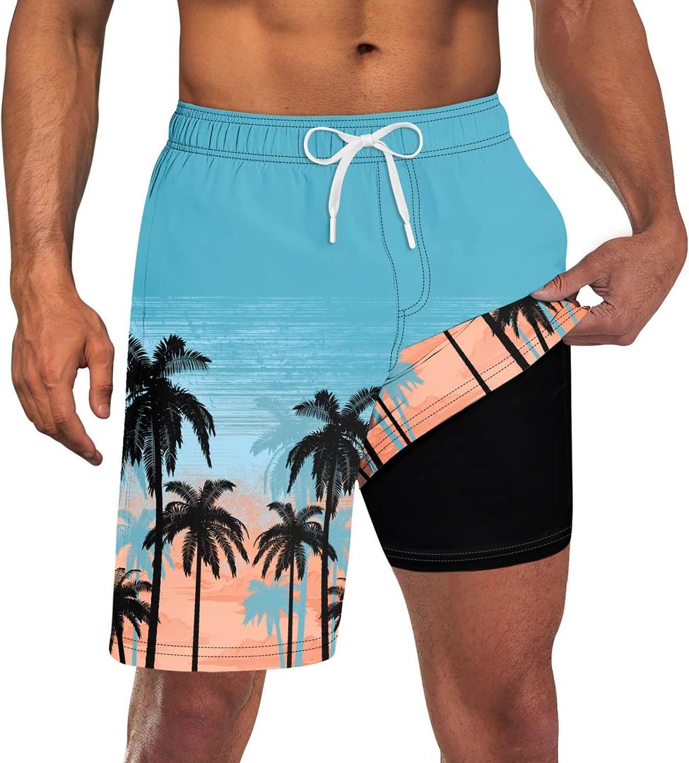 Goodstoworld Mens Swim Trunks with Compression Liner 9'' Inseam Quick Dry Swimsuit Shorts M-3XL (Hawaiian Blue)
