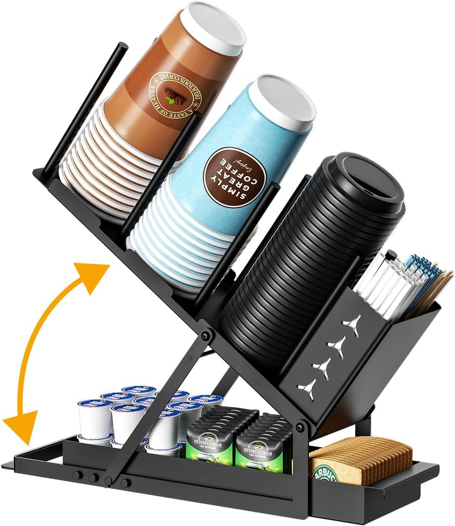 Cup and Lid Holder with Straw Organizer Coffee Station Organizer, Metal Cup Dispenser 5 Compartment Coffee Cup Holder for Coffee Bar Accessories, Disposable Paper Cups, Plastic Cups, Lids