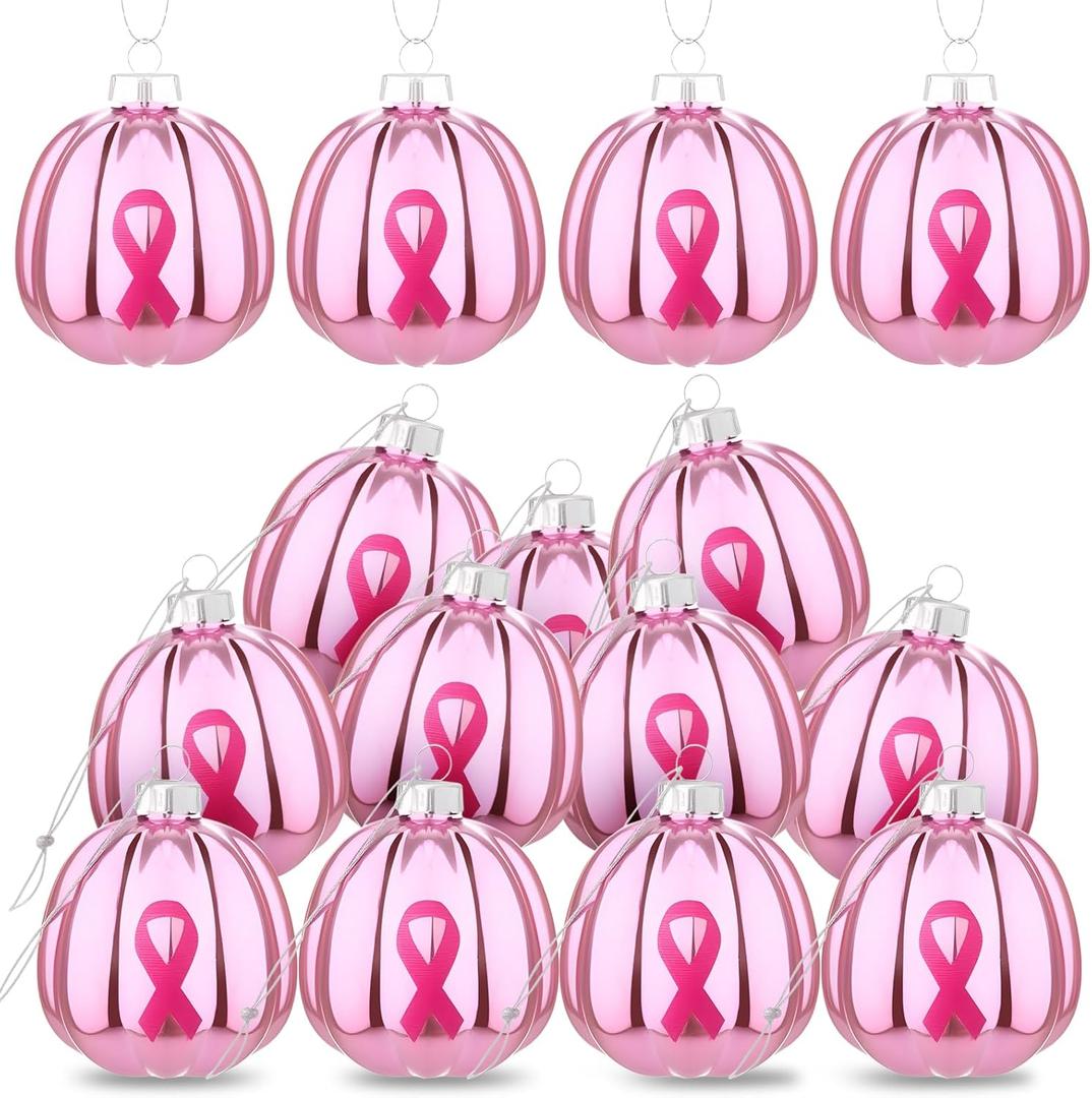 12 Pcs Breast Cancer Christmas Ornaments for Tree Pink Hanging Pumpkins Pink Ribbon Tree Ornaments Breast Cancer Awareness Decorations for Home Xmas Party Decor Gifts