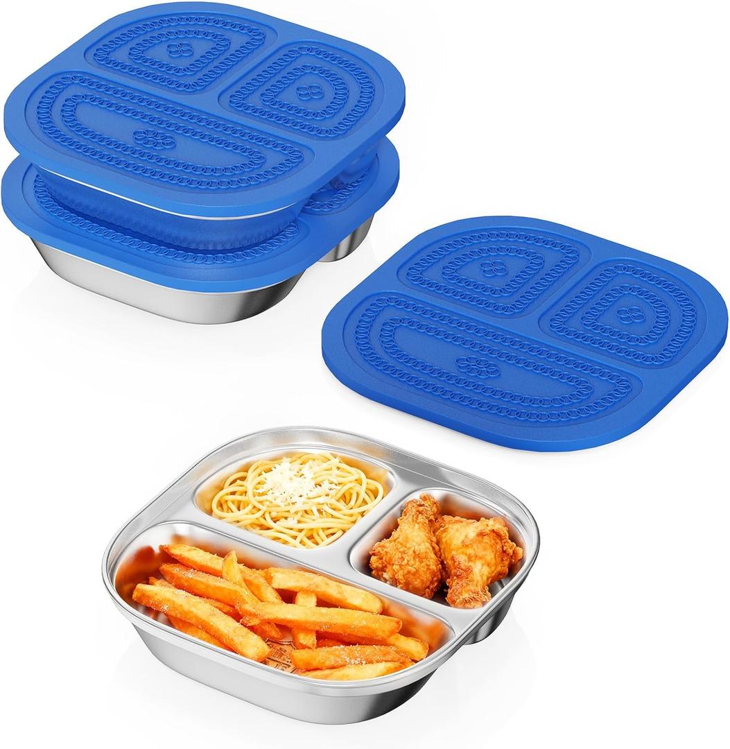 3 Pack Snack Containers,Lunch Box Containers,Food Grade Metal Base with a BPA Free Leakproof & Airtight Silicone Lid,Reusable Airtight Bento lunch Boxes, Kitchen Storage, Freezer (3 color) (Blue)