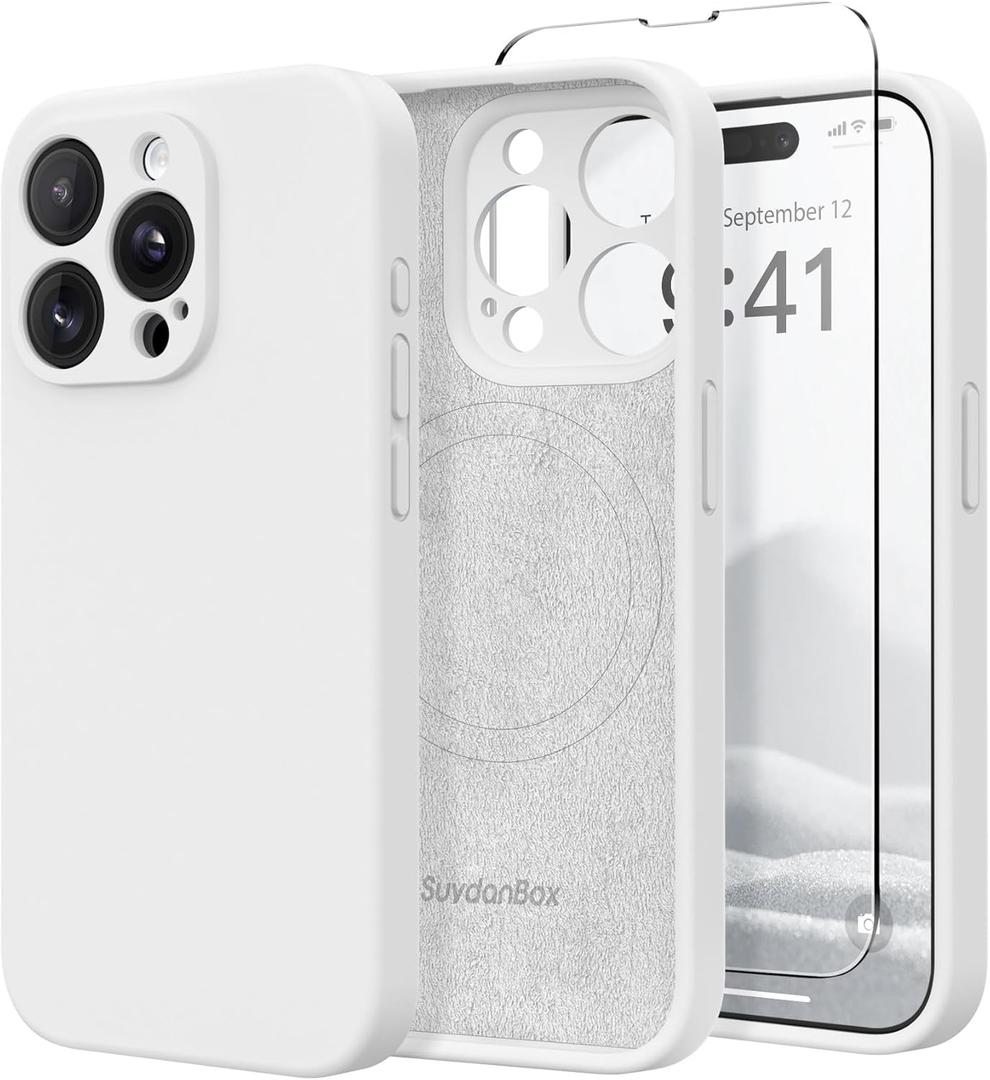 SuydanBox Magnetic for iPhone 15 Pro Max Case, Compatible with MagSafe, [Full Camera Protection][Screen Protector] Silicone Shockproof Protective Phone Case for iPhone 15 Pro Max 6.7", White