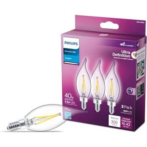 PHILIPS LED 40W BA11 E12 Base 3-Pack Ultra Definition Daylight (5000K) 300 Lumen (3.5W = 40W) Dimmable Clear Flicker-Free Candelabra Light Bulbs