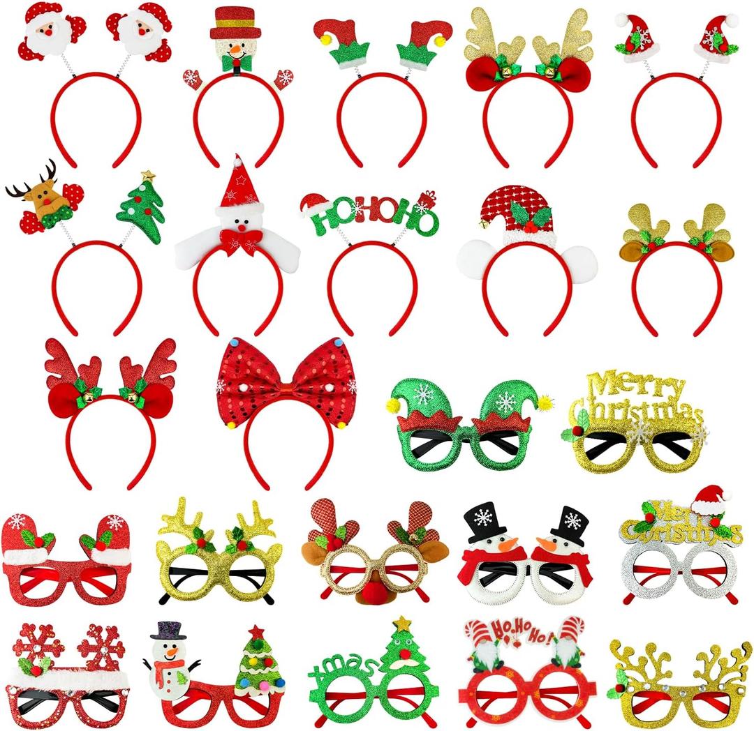 Christmas Party Favors Supplies 24 Pack - Glitter Glasses & Headband Set, Funny Holiday Party Decorations Photo Props, Xmas Costume Eyeglasses Frame & Headwear Accessories Goodie Bag Stocking Stuffers
