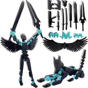 masijssa T13 3D Action Figures Set Titan 13 Action Figure Dummy 3D Printed Robo Multi-Jointed Movable Toy with Full Articulation for Collectors Desktop (Assembly Completed Black Blue Figure + Dog)