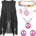 FunMular 60s 70s Outfits for Women Disco Hippie Costume Clothes Woman Peace Sign Earring Headband Fringe Vest Tassel Cardigan (Black, S)