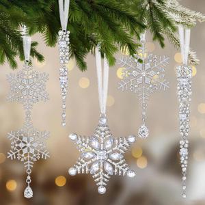 5 Pcs Crystal Christmas Snowflake Icicle Ornaments for Christmas Tree Glitter Rhinestones Metal Hanging Pendants Crafts Snow Flake Decorations Indoor for Holidays Winter Home Window Room Door