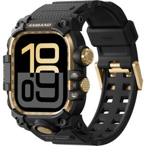 AmBand Rugged Case with Band for Apple Watch 44mm, Compatible with iWatch Series SE 3/SE 2nd Generation/SE/6/5/4, Military Grade Shockproof Bumper Cover, Tactical Band for Men, Black Gold