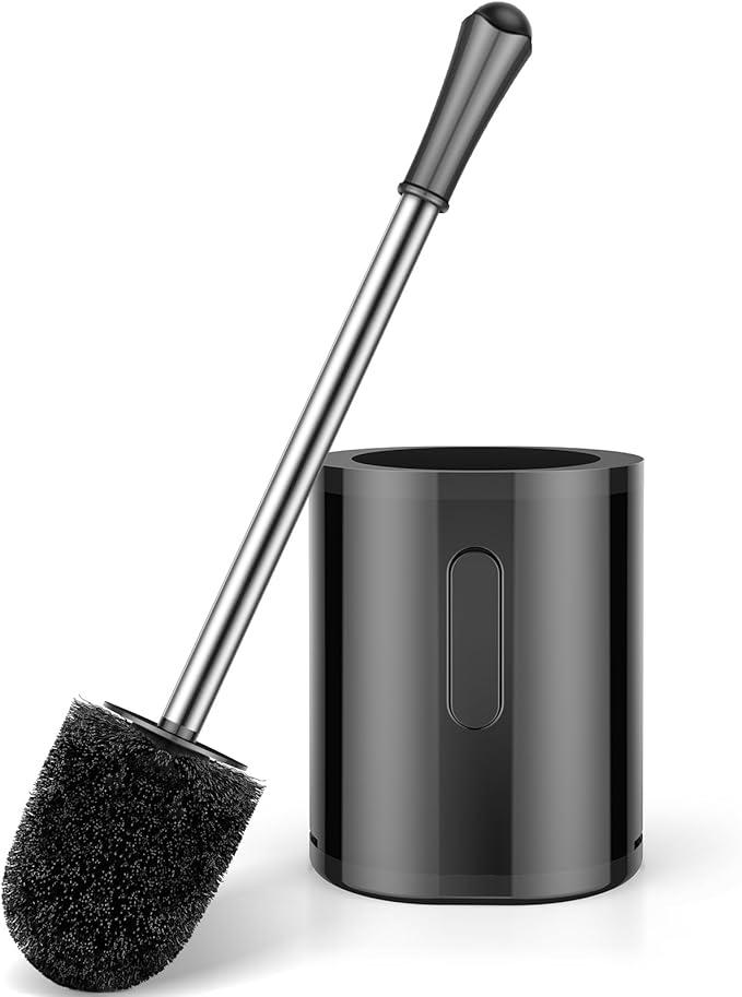 Toilet Brush and Holder, Compact Size Toilet Bowl Brush with Stainless Steel Handle, Small Size Plastic Holder Easy to Hide, Space Saving for Storage, Drip-Proof, Easy to Assemble, Deep Cleaning