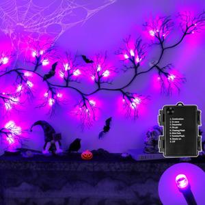6 FT Halloween Black Garland Willow Vine Twig Decor with Orange & Purple Light, 8 Modes & Timer Battery Operated Waterproof Halloween Decorations Indoor for Mantle Fireplace Home Party Decor
