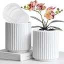 MUZHI Double Layer White Ceramic Orchid Planter with Saucer, Orchid Pots with Holes 4.6" Set of 2, Modern Minimal Cylinder Striped Plant Pot with Drainage 4.6 (White)