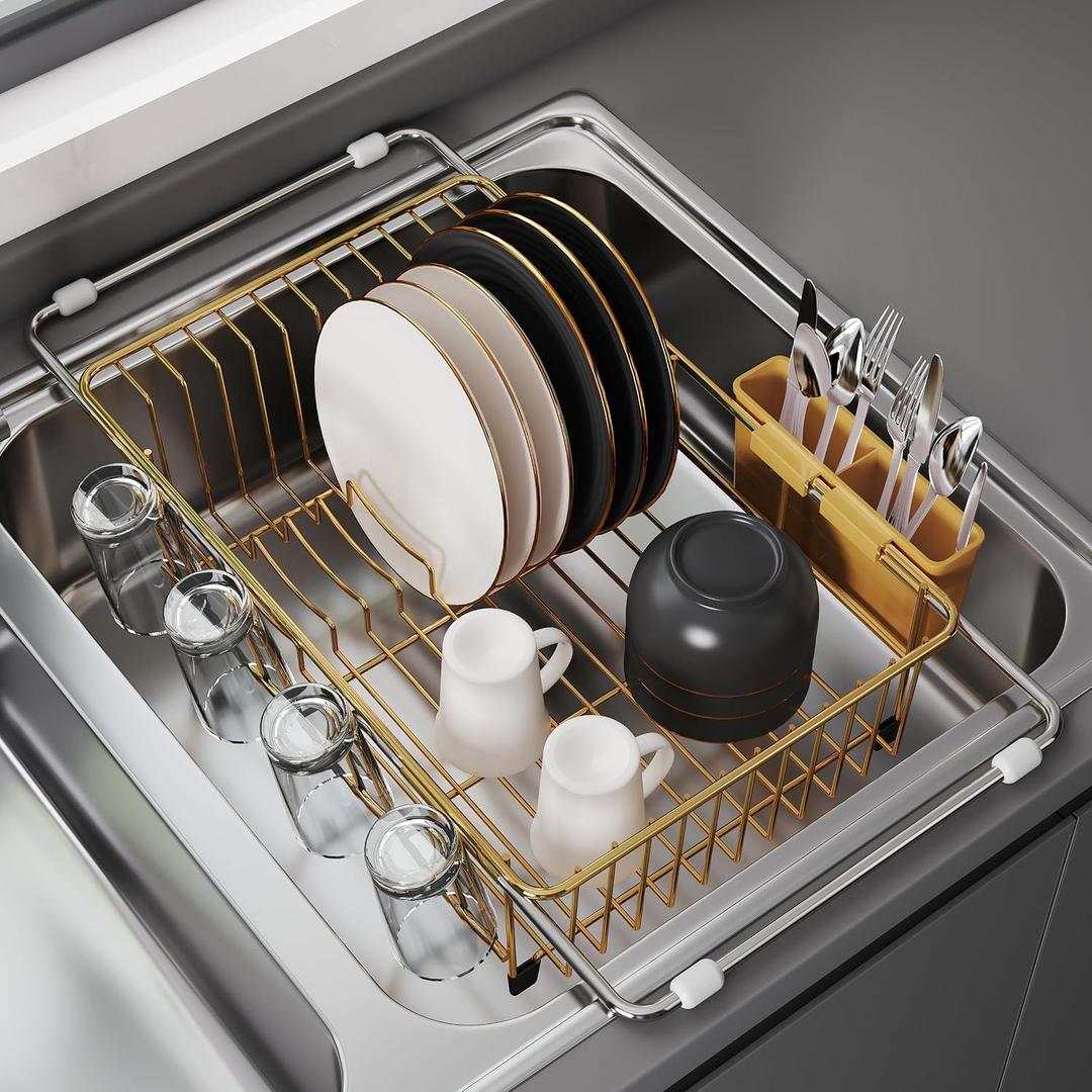 JASIWAY Gold in Sink Dish Drying Rack, Expandable Stainless Steel Small Dish Rack Over Kitchen Sink, Plate Drainer Strainer with Utensil Holder & Cup Holders, Counter Space Saving Wire Dryer Rack