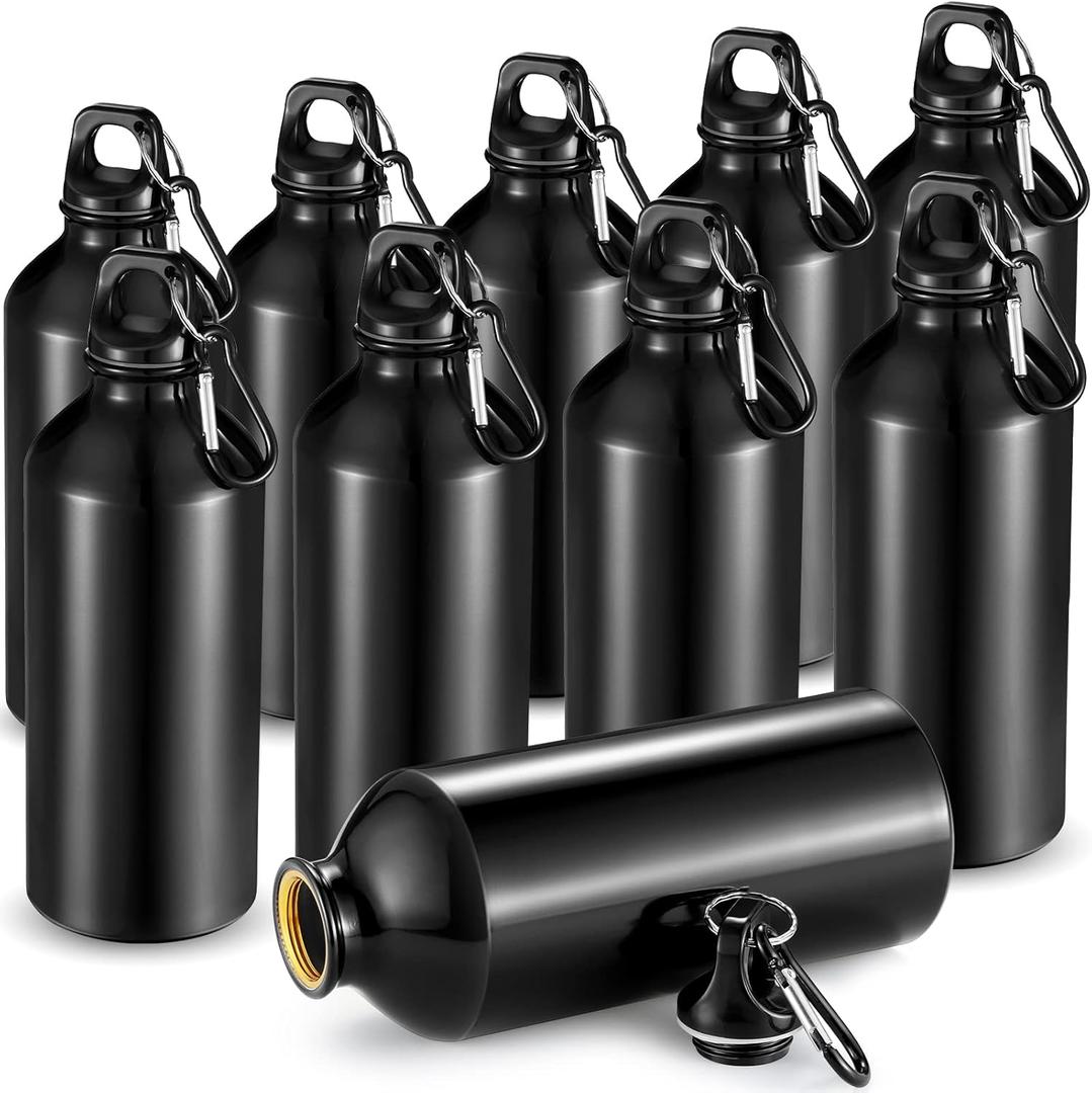 CHENGU 10 Pcs Aluminum Water Bottle 20 oz Reusable Bottles Lightweight Leak Proof Aluminum Sports Travel Bottles with Twist Cap Buckle for Gym, Hiking, Cycling, Camping, Fishing (Black)