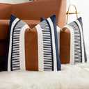 Set of 2 Navy Blue and White Boho Throw Pillow Cover, Faux Leather Modern Couch Pillow Covers 22x22 inch Farmhouse Stripe Pillowcase for Sofa Bedroom Living Room