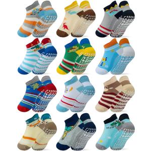 RATIVE Anti Slip Ankle Socks with Grips for Baby Toddler Kids Boys Girls (12-24 Months, 12-pairs/Animal World)