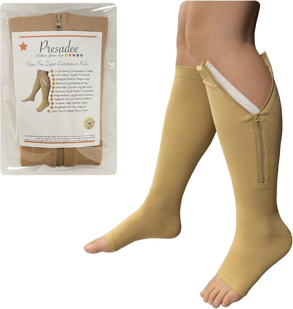 Presadee Open Toe 15-20 mmHg Moderate Compression Leg Calf Swelling Zipper Sock (Large/X-Large (1 Pair), Beige) Presadee Open Toe 15-20 mmHg Moderate Compression Leg Calf Swelling Zipper Sock (Large/X-Large (1 Pair), Beige)