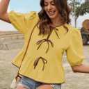 Falechay Womens Summer Tops Bowknot Puff Short Sleeve Blouses Dressy Casual Cute Babydoll Flowy Peplum Shirt for Women (Yellow, L)