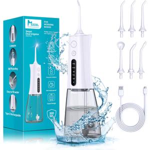 Water Dental Flosser OLED Display Cordless Teeth Cleaning MOCEL 5 Modes Oral Irrigator 300ML Portable and USB C Rechargeable IPX7 Waterproof Floss Teeth Pick (White)