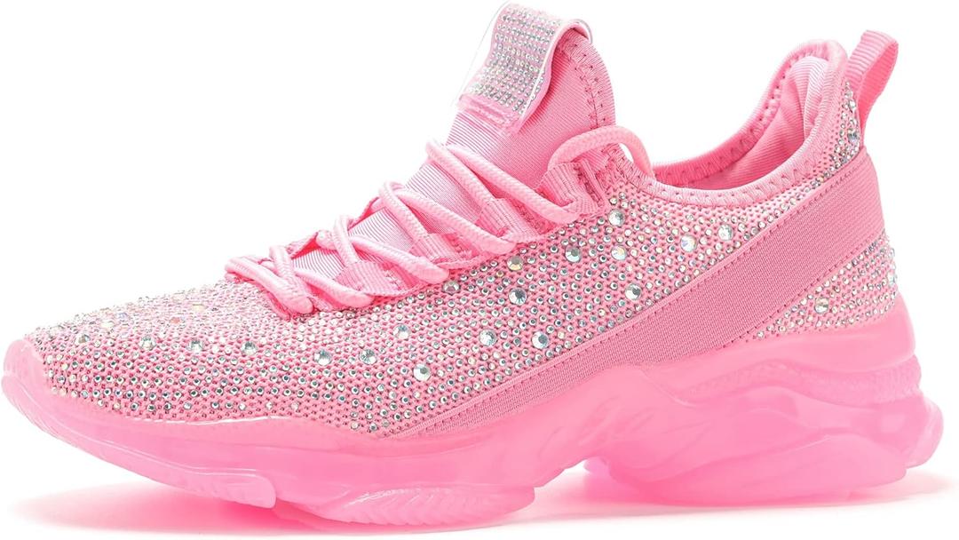 BELOS Women's Rhinestone Mesh Slip On Walking Shoes Fashion Breathable Spakle Glitter Sneaker (8)