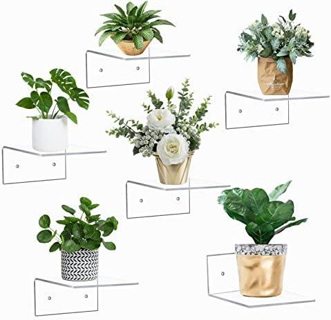 4 Pack Small Acrylic Floating Shelves for Wall, Wall Mounted Hanging Display Shelves for Plants, Funko Pop Figures, Adhesive Shelf for Bedroom, Picture Toy Clear Display Shelf