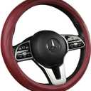 Cowhide Steering Wheel Cover Heat Resistant Anti-Slip Car Wheel Wrap Compatible with Most Makes and Models of Cars and Trucks with 14.5 to 15 Inch Steering Wheel(RED)
