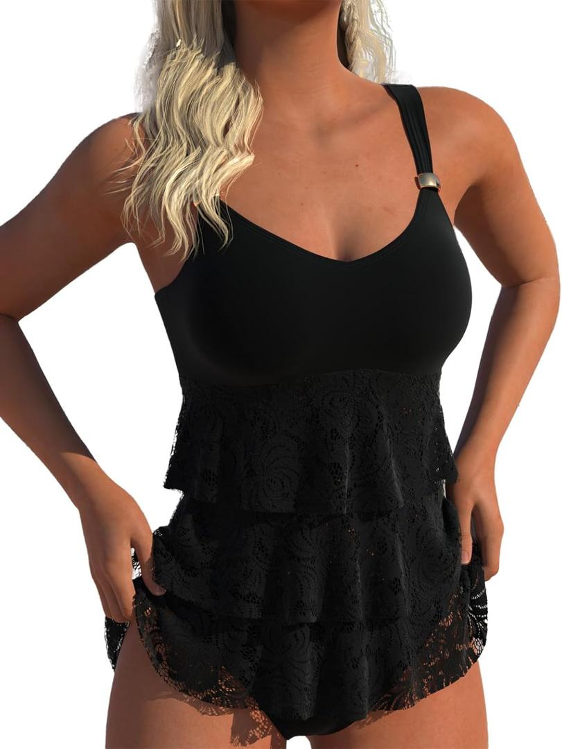 ROSEWE Womens Ruffle Tier Tankini Swimsuits, 2 Piece Set Swimwear, Bathing Suits with Mid Waisted Briefs (Medium, Black)