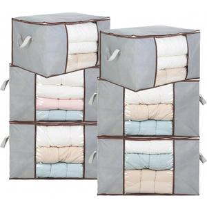 6pcs Foldable Closet Organizer Clothes Storage Bags Comforter Bedding Containers with Large Zipper Clear Window & Handles for Organizing Bedroom,King Comforter, Pillow, Quilt,Blanket (Gray)