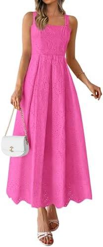 PRETTYGARDEN Womens Sleeveless Maxi Summer Dresses 2026 Hollow Out Eyelet Square Neck Ruffle Flowy Beach Vacation Sundress Small